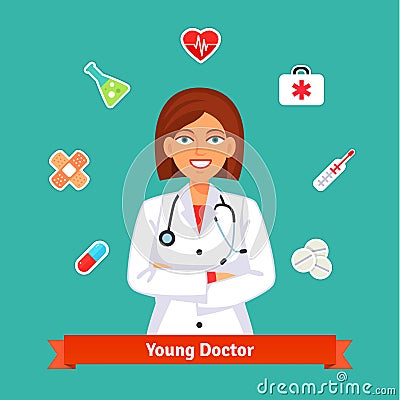 Young cardiologist doctor. Set of medicine icons Vector Illustration