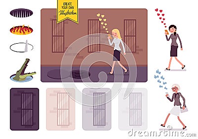 Young carefree woman walking with phone, unseen danger in front Vector Illustration