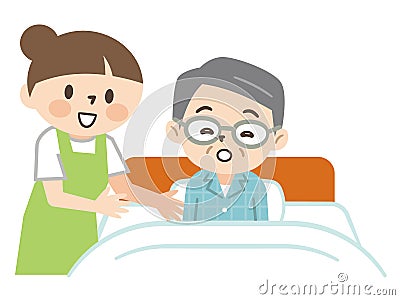 Young caregiver helping a senior man to sleep in bed Cartoon Illustration