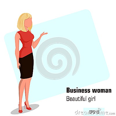 Young cartoon businesswoman in office clothes showing something. Beautiful blond girl. Isometric business woman Vector Illustration