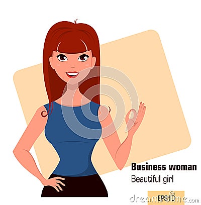 Young cartoon businesswoman with red hair showing OK gesture, wearing a free dress style. Beautiful brunette girl. Vector Illustration