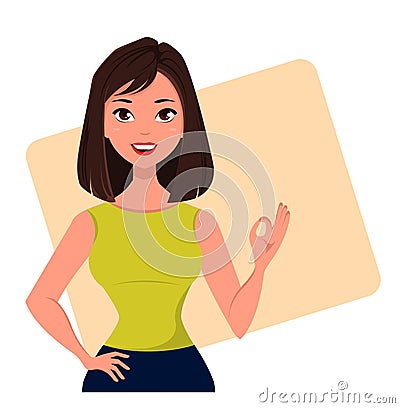 Young cartoon businesswoman showing OK gesture, wearing a free dress style. Beautiful brunette girl . Fashionable modern lady. Vector Illustration