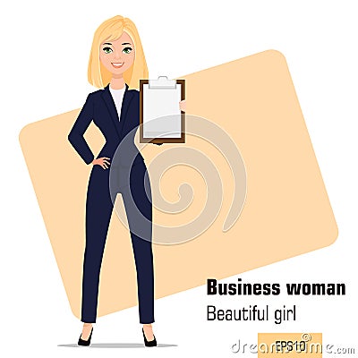 Young cartoon businesswoman standing. Beautiful blonde girl in office clothes showing checklist Vector Illustration