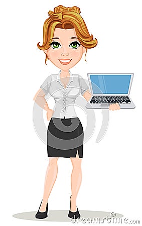 Young cartoon businesswomen. Beautiful smiling girl in working situation. Fashionable modern lady holding laptop Vector Illustration