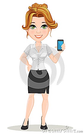 Young cartoon businesswomen. Beautiful smiling girl in working situation. Fashionable modern lady holding smartphone. Vector Illustration