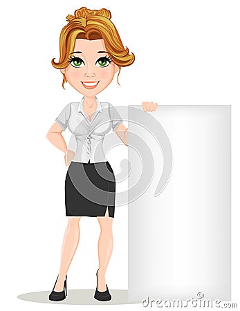 Young cartoon businesswomen. Beautiful smiling girl in working situation. Fashionable modern lady standing near big blank banner. Vector Illustration