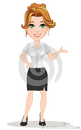 Young cartoon businesswomen. Fashionable modern lady showing showcase sign Vector Illustration