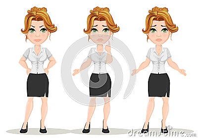 Young cartoon businesswomen. Set. Beautiful girl in working situations. Vector Illustration