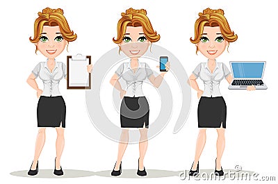 Young cartoon businesswomen. Set. Beautiful smiling girl in working situations. Vector Illustration