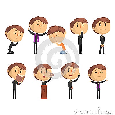 Young cartoon catholic priest reading prayer, blessing parishioners, holding Cross, Bible and Gospel set of vector Vector Illustration