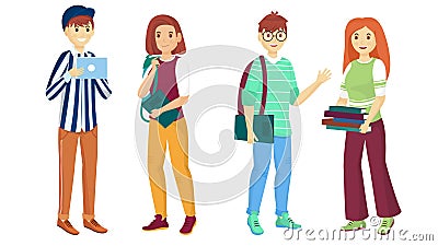 Young cartoon character of students in standing pose. Can be used for Back to School. Stock Photo
