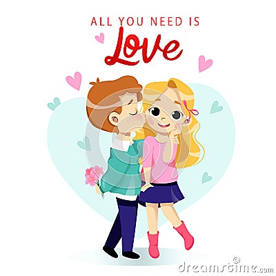 Young cartoon couple is kissing romantically, hugging each other. Place for text. Flat style. Vector illustration Vector Illustration