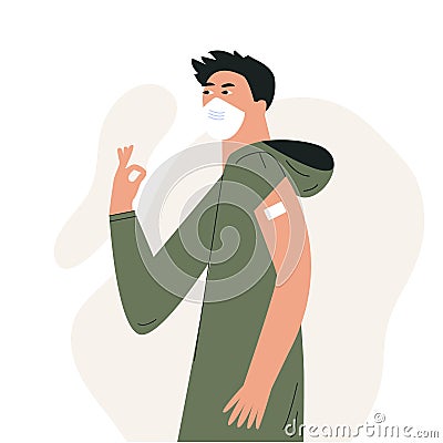 Young casual man after vaccination concept Vaccine injection in arm, shoulder. Male character after getting vaccine Vector Illustration