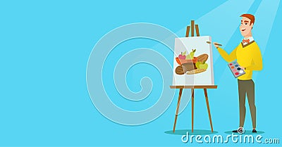 Young caucasian artist drawing a still life. Vector Illustration