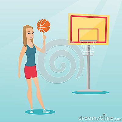 Young caucasian basketball player spinning a ball. Vector Illustration