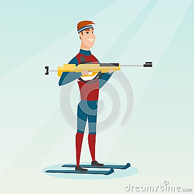Young caucasian biathlon runner aiming at target. Vector Illustration