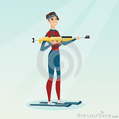 Young caucasian biathlon runner aiming at target. Vector Illustration