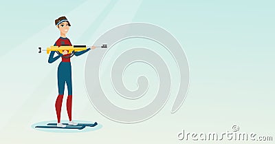 Young caucasian biathlon runner aiming at target. Vector Illustration