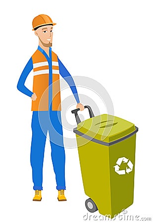 Young caucasian builder pushing recycle bin. Vector Illustration