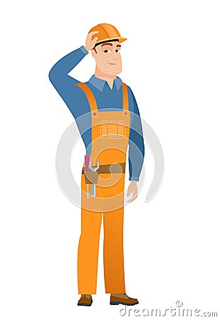 Young caucasian builder in workwear and hard hat. Vector Illustration