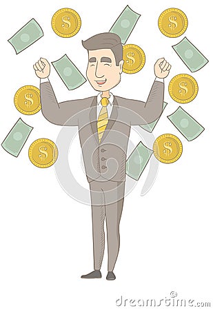 Young caucasian busiessman under money rain. Vector Illustration