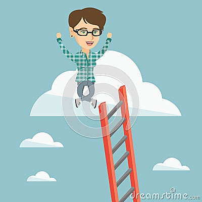 Young caucasian business woman sitting on cloud. Vector Illustration