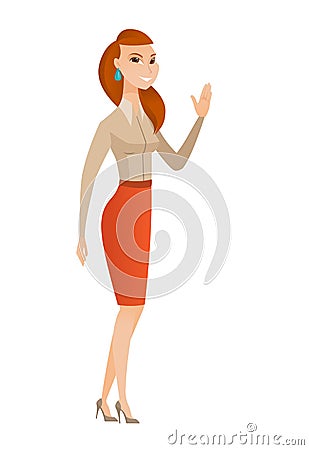 Young caucasian business woman waving her hand. Vector Illustration