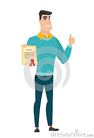 Young caucasian businessman holding a certificate. Vector Illustration