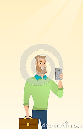 Young caucasian businessman making selfie. Vector Illustration