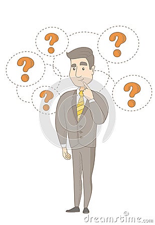 Young caucasian businessman under question marks. Vector Illustration