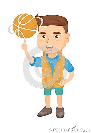 Caucasian boy spinning basketball ball on finger. Vector Illustration