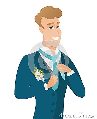 Young caucasian cheerful groom adjusting tie. Vector Illustration