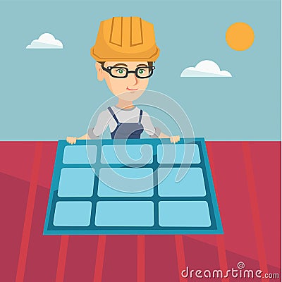 Young caucasian constructor installing solar panel Vector Illustration