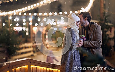 Young caucasian couple in love standing close, smiling Stock Photo