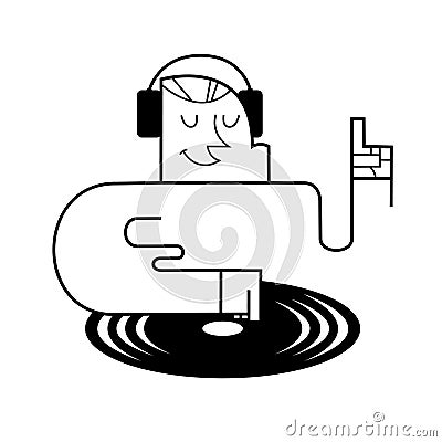 Young caucasian DJ mixing music on vinyl turntables. Vector cartoon illustration Vector Illustration