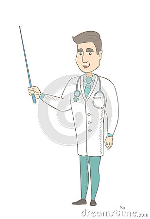 Young caucasian doctor holding pointer stick. Vector Illustration