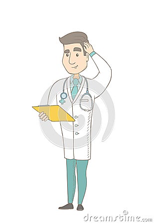 Young caucasian doctor scratching her head. Vector Illustration