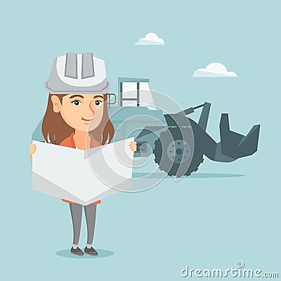 Young caucasian engineer inspecting a blueprint. Vector Illustration