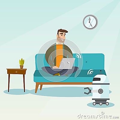 Young caucasian engineer programming a robot. Vector Illustration