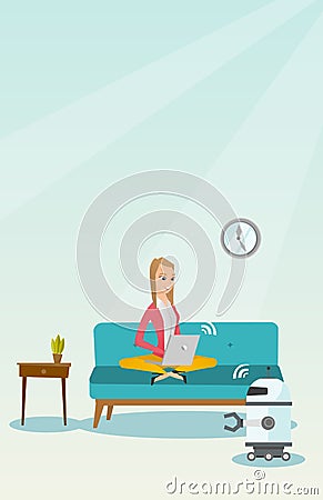 Young caucasian engineer programming a robot. Vector Illustration