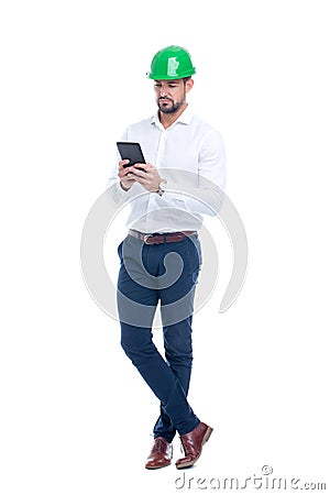 Young caucasian engineer using digital tablet isolated Stock Photo