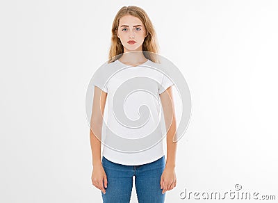 Young caucasian, europian woman, girl in blank white t-shirt. t shirt design and people concept. Shirts front view isolated Stock Photo