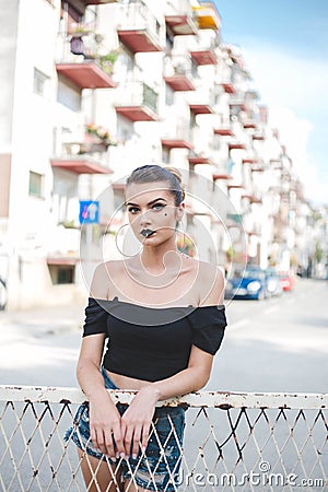 Young caucasian female with bright dark makeup Stock Photo