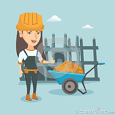 Young caucasian female builder giving thumb up. Vector Illustration