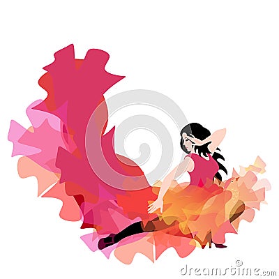 Young caucasian girl in long dress with hem in shape of flying bird and flame , dancing flamenco, salsa, bachata or tango Vector Illustration