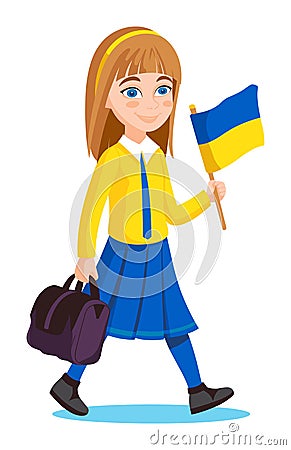 Young caucasian girl smiling walking with a flag and a bag. Student with a national Ukrainian flag vector illustration Vector Illustration