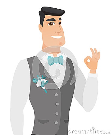 Young caucasian groom showing ok sign. Vector Illustration