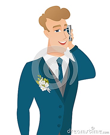 Young caucasian groom talking on a mobile phone. Vector Illustration