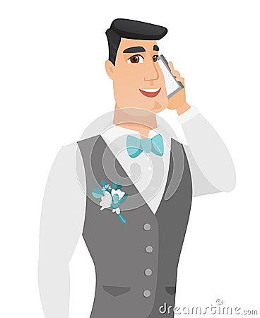 Young caucasian groom talking on a mobile phone. Vector Illustration