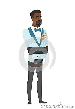 Young caucasian groom tied up with rope. Vector Illustration